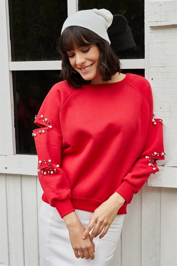 Kadın Kolu Kesik Inci Detaylı Kırmızı Kazak - 2