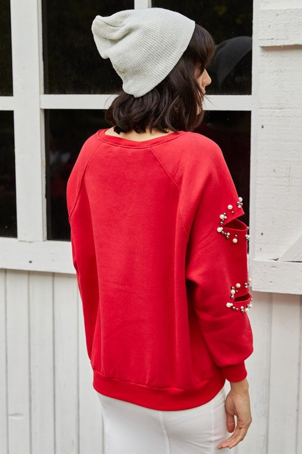 Kadın Kolu Kesik Inci Detaylı Kırmızı Kazak - 4