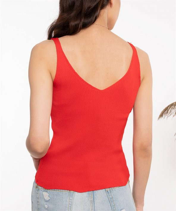 Kadın Kırmızı İp Askılı Triko Bluz - 3