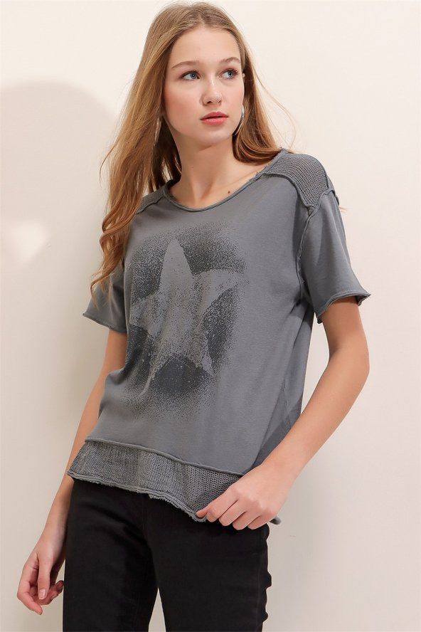 Kadın Gri Yıkamalı Yıldız Baskılı File Detaylı T-Shirt - 3
