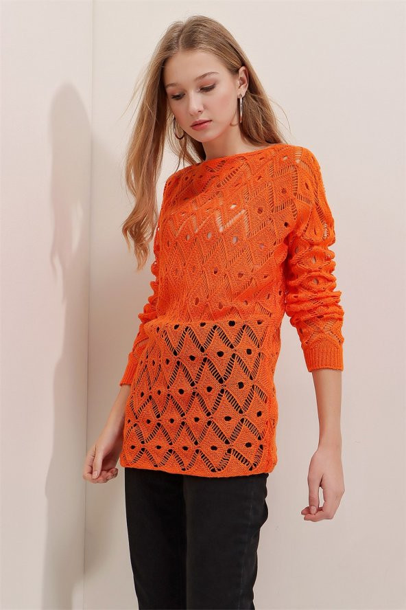 Kadın Turuncu Mevsimlik Ajurlu Triko Bluz - 2