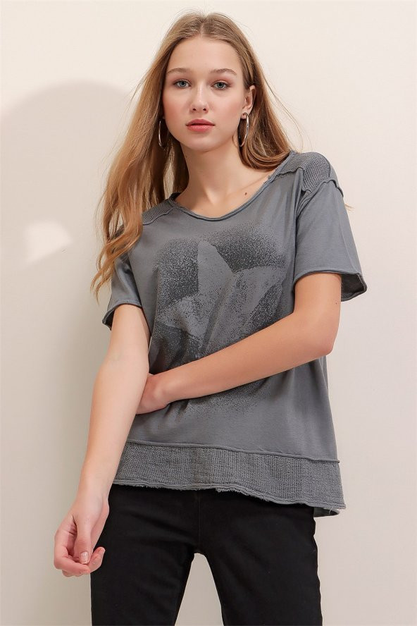 Kadın Gri Yıkamalı Yıldız Baskılı File Detaylı T-Shirt - 4