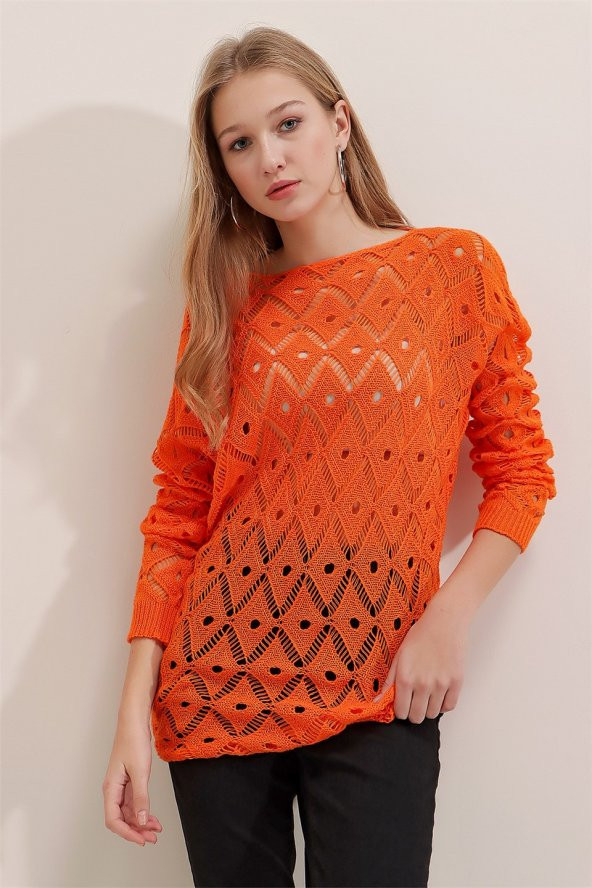 Kadın Turuncu Mevsimlik Ajurlu Triko Bluz - 3