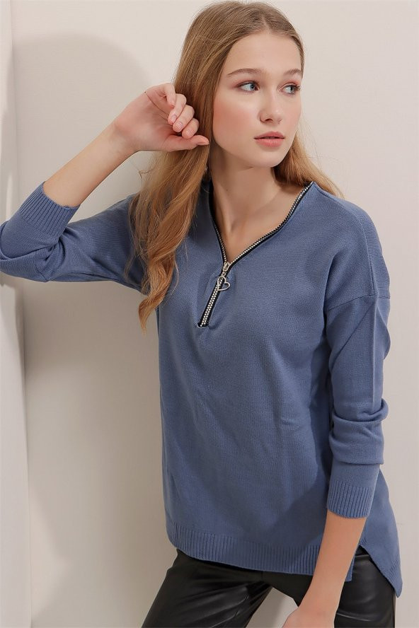 Kadın İndigo Fermuar Yakalı Kazak - 2