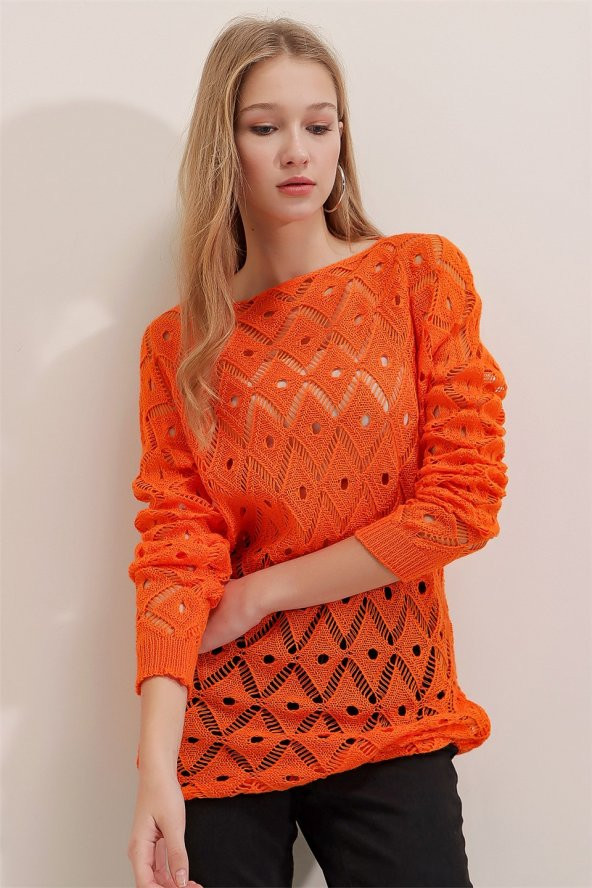Kadın Turuncu Mevsimlik Ajurlu Triko Bluz - 4