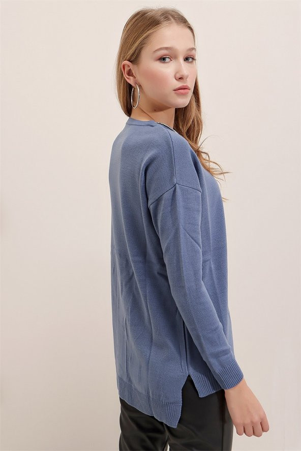 Kadın İndigo Fermuar Yakalı Kazak - 3