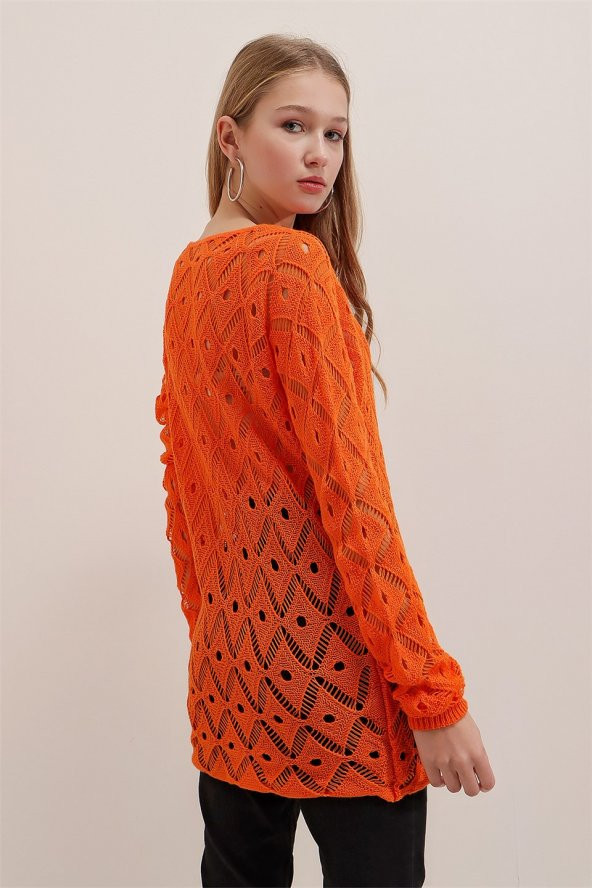 Kadın Turuncu Mevsimlik Ajurlu Triko Bluz - 5