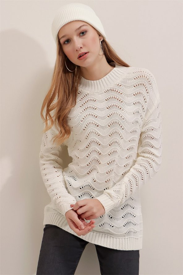 Kadın Beyaz Dalga Ajurlu Kazak - 2