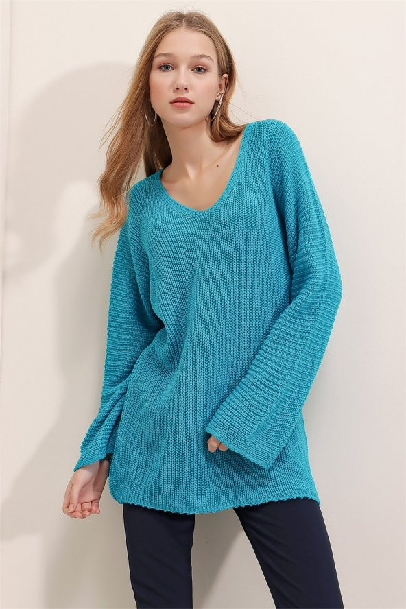 Kadın Turkuaz Yarasa Kol V Yaka Kazak - 2