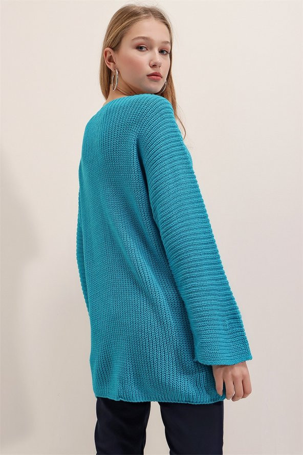 Kadın Turkuaz Yarasa Kol V Yaka Kazak - 3
