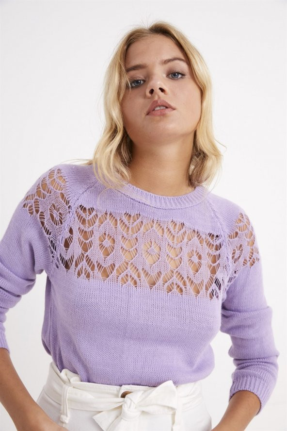Kadın Dantel Detaylı Lila Kazak - 3