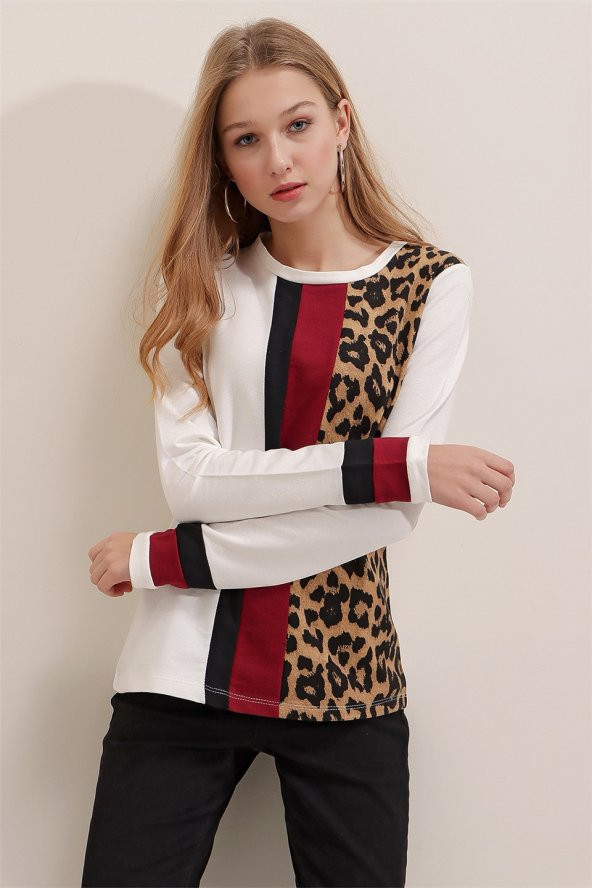 Kadın Leopar Bloklu Leopar Desenli Bluz - 3