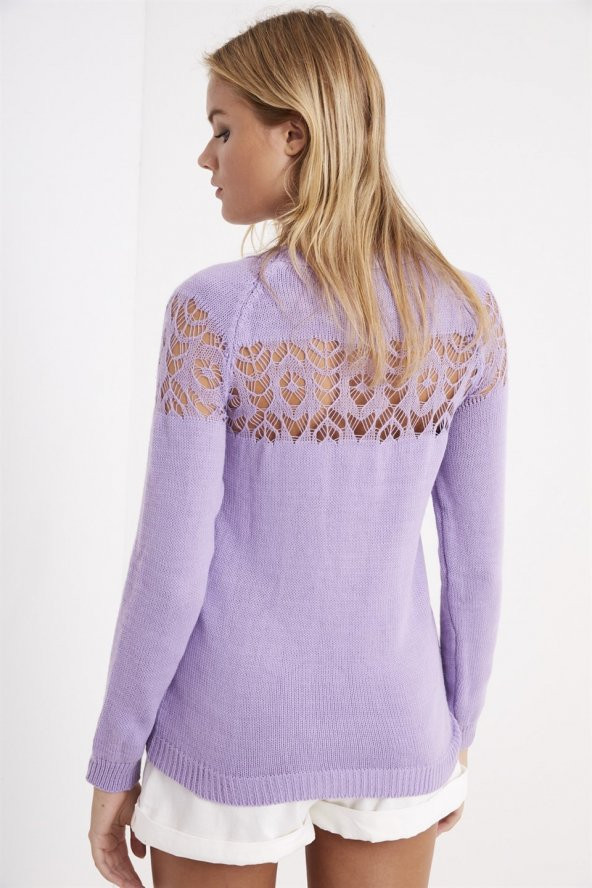 Kadın Dantel Detaylı Lila Kazak - 4
