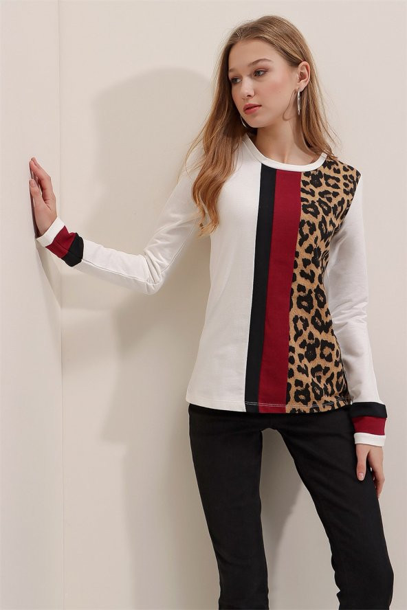 Kadın Leopar Bloklu Leopar Desenli Bluz - 4