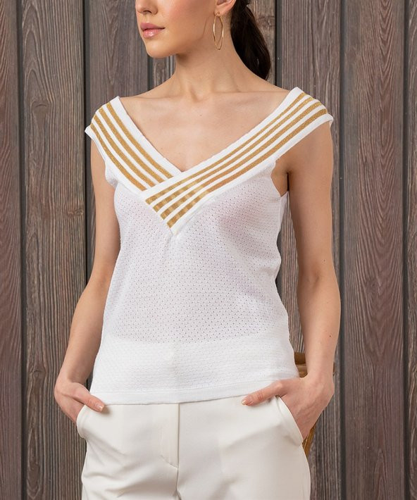 Kadın Beyaz Yakası Çizgili Kolsuz Bluz - 2