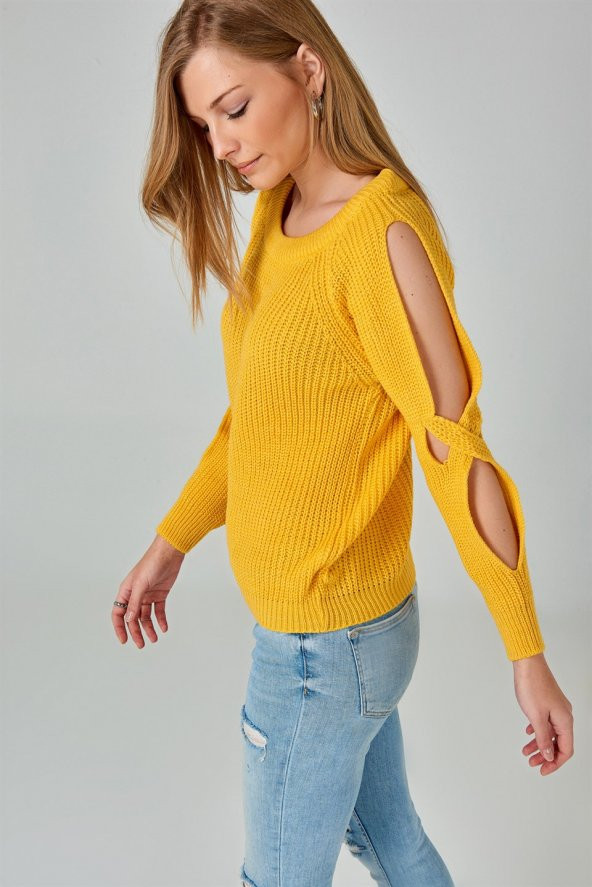 Kadın Hardal Omuz Detaylı Triko Kazak