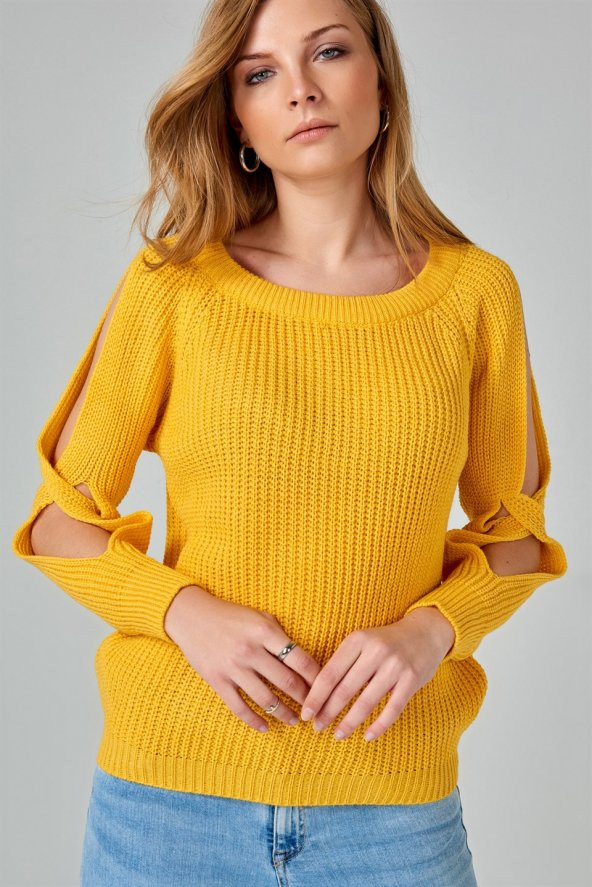 Kadın Hardal Omuz Detaylı Triko Kazak - 2