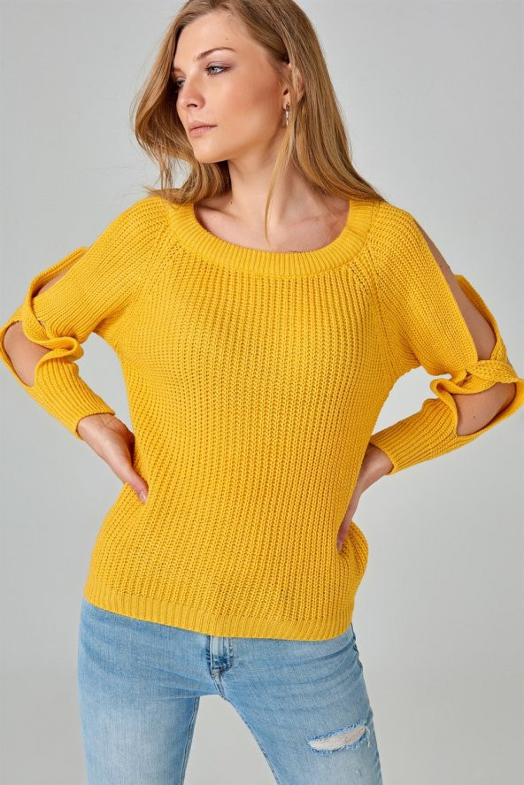 Kadın Hardal Omuz Detaylı Triko Kazak - 3