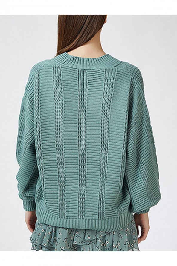 Kadın Örgülü Balon Kollu Salaş Cağla Yeşili Triko Hırka - 3