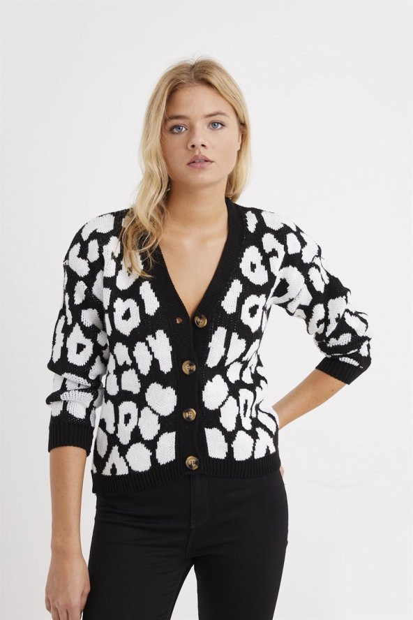 Kadın Leopar Desenli Hırka Siyah - 3