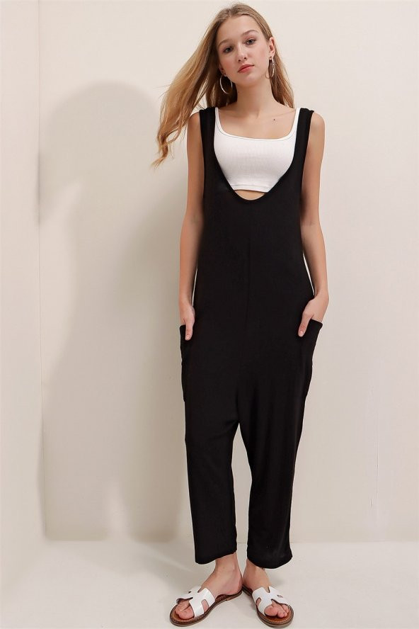 Kadın Siyah U Yaka Askılı Tulum - 2