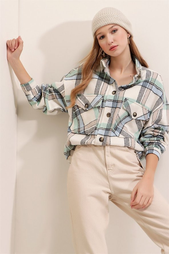 Kadın Mint Ekoseli Cepli Gömlek - 2