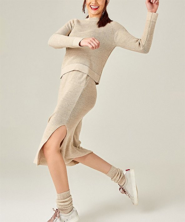 Kadın Bej Eteği Yırtmaçlı 2Li Takım