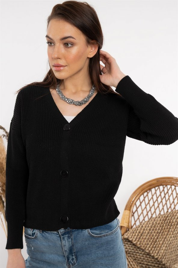 Kadın V Yaka Örme Siyah Hırka - 2