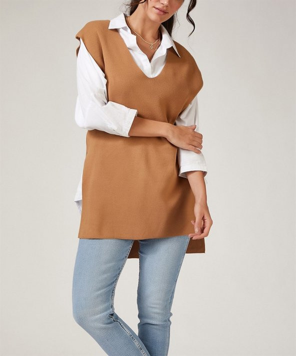 Kadın V Yaka Kolsuz Bağlama Panço Kahverengi - 2