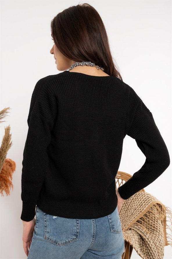 Kadın V Yaka Örme Siyah Hırka - 4