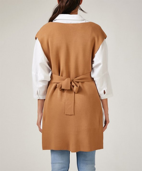 Kadın V Yaka Kolsuz Bağlama Panço Kahverengi - 3