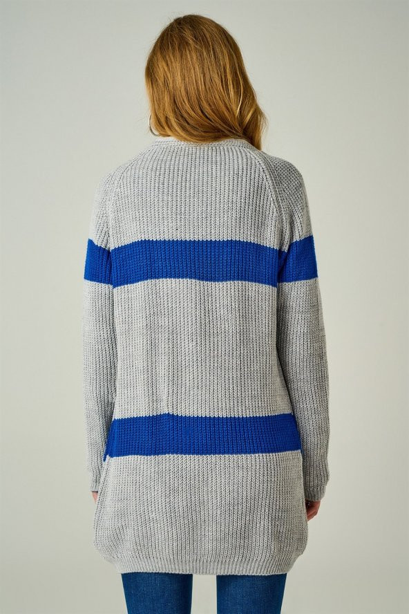 Kadın Çizgili Örme Gri & Saks Hırka - 3