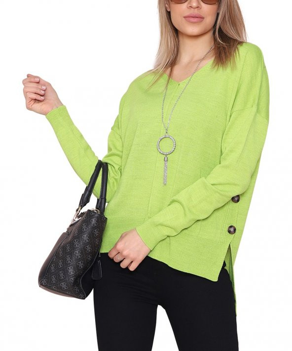 Kadın Yandan Düğmeli V Yaka Pudra Kazak - 3