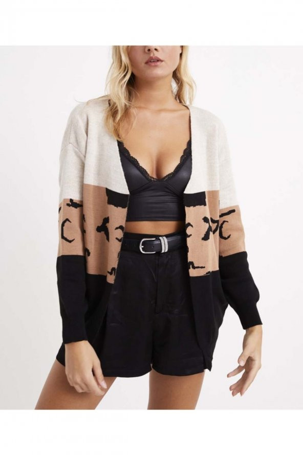 Kadın Üç Blok Ortası Leopar Hırka - 2