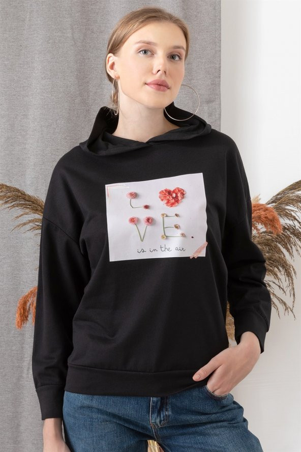 Kadın Siyah Love Baskılı Kapüşonlu Sweatshirt