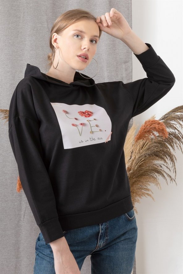 Kadın Siyah Love Baskılı Kapüşonlu Sweatshirt - 2