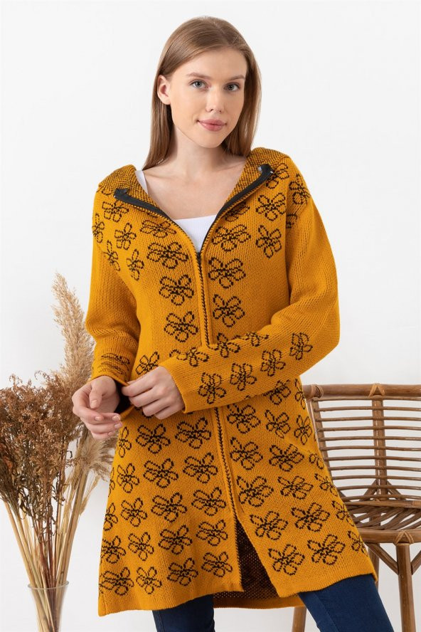 Kadın Hardal Çiçek Desenli Kapüşonlu Hırka - 2