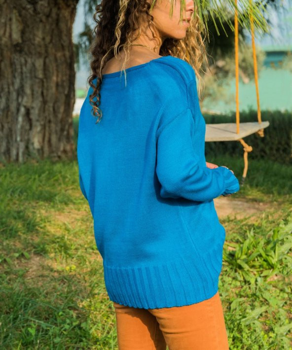 Kadın V Yaka İndigo Kazak - 2