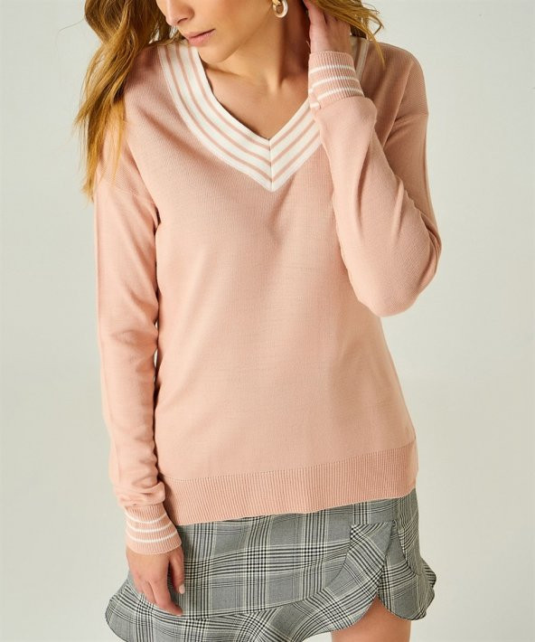 Kadın Pudra V Yaka Şeritli Kazak