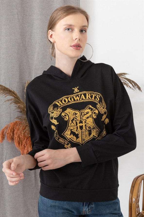 Kadın Siyah Hogvarts Baskılı Kapüşonlu Sweatshirt - 2