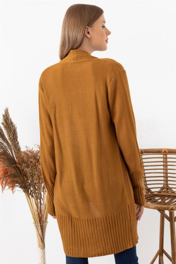 Kadın Camel Şerit Bantlı Geniş Manşet Önü Açık Hırka - 3