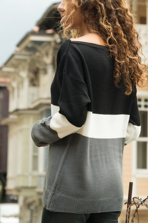 Kadın Üç Bloklu Kazak Antrasit-Ekru-Gri - 2