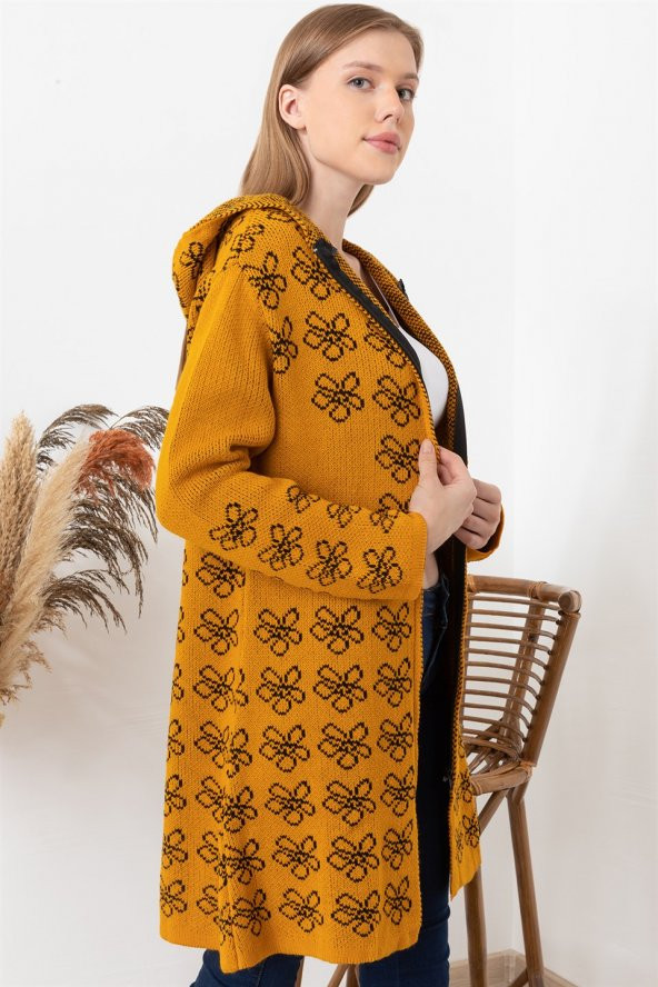 Kadın Hardal Çiçek Desenli Kapüşonlu Hırka - 3