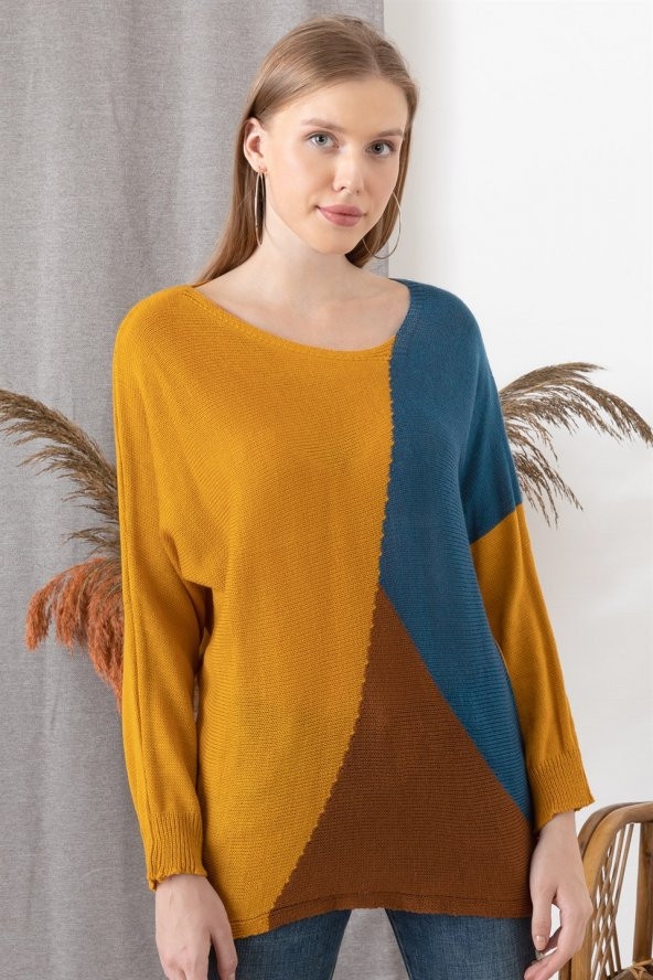 Kadın Hardal V Yaka Üç Bloklu Kazak