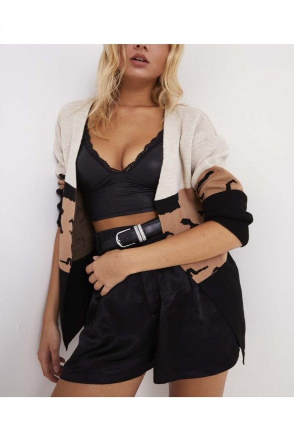 Kadın Üç Blok Ortası Leopar Hırka - 3