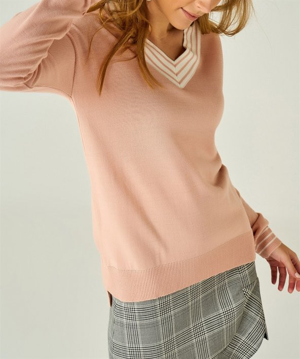 Kadın Pudra V Yaka Şeritli Kazak - 3