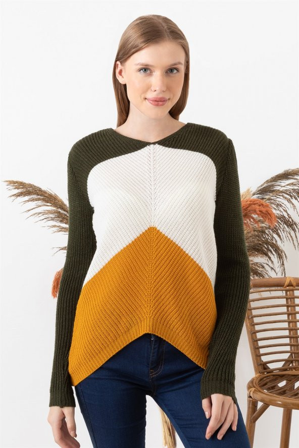 Kadın Haki Renk Bloklu Uzun Kollu Kazak