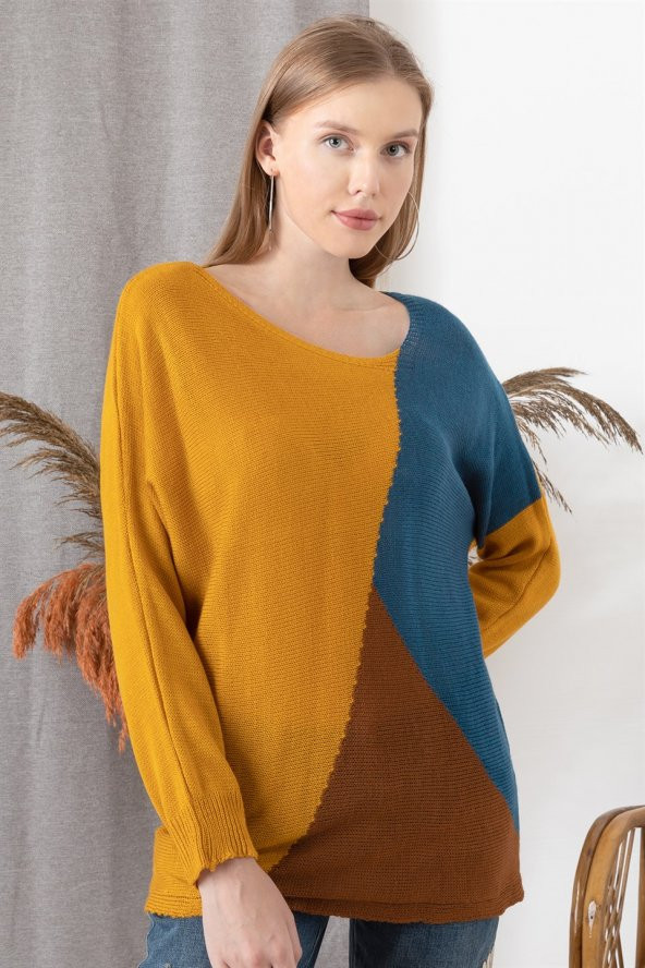 Kadın Hardal V Yaka Üç Bloklu Kazak - 2