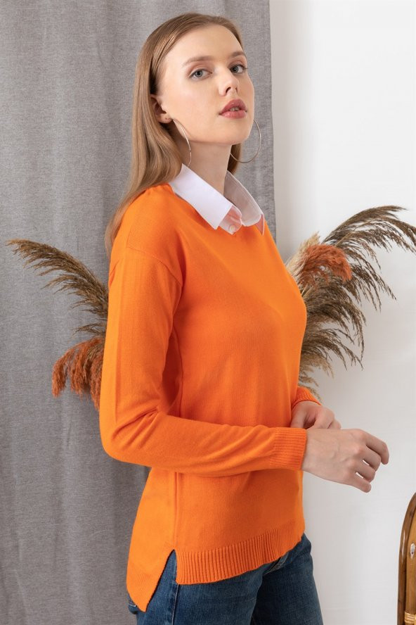 Kadın Turuncu Gömlek Yaka Kazak