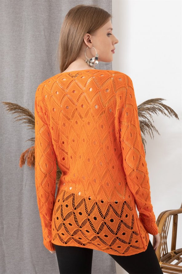 Kadın Turuncu Ajurlu Kazak - 3